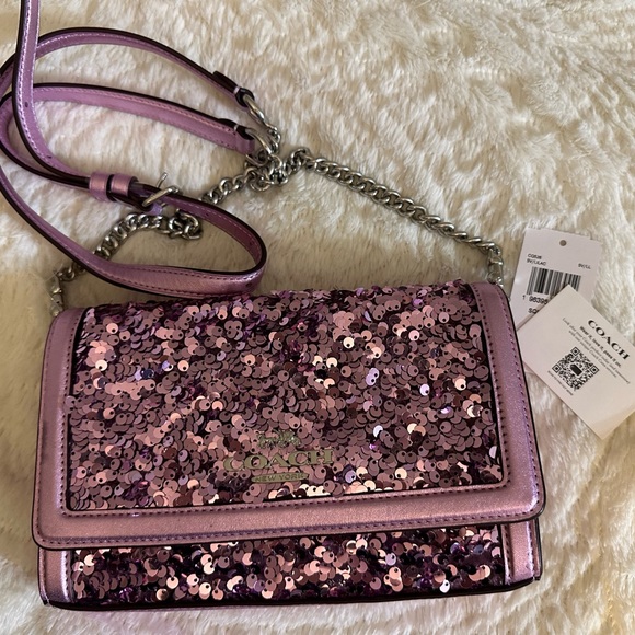 NWT Coach Sequined Bling Square Flip Clutch Pink Metallic Rare $298 - Picture 9 of 11